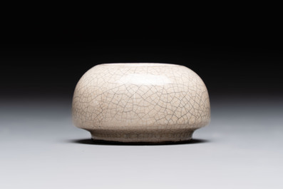 Two Chinese monochrome vases and a water pot on wooden stand, 19/20th C.
