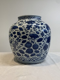 A large Chinese blue and white jar with Buddhist symbols and foliage, Jiajing/Wanli period