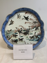 A Chinese famille rose flower-shaped '18 geese' tray, mid-19th C.