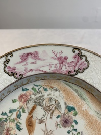 Two Chinese famille rose 'magpies and peonies' plates with bianco-sopra-bianco rims, Yongzheng
