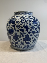 A large Chinese blue and white jar with Buddhist symbols and foliage, Jiajing/Wanli period