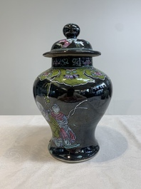 A Chinese famille rose black-ground covered vase and a famille rose Milefo Buddha, Mao Ji Sheng 茂記生造 mark, 19/20th C.