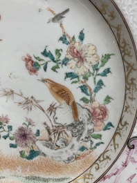 Two Chinese famille rose 'magpies and peonies' plates with bianco-sopra-bianco rims, Yongzheng