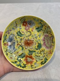 A Chinese famille rose yellow-ground 'butterfly' plate and a saucer with floral design, Guangxu mark, 19/20th C.
