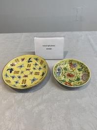 A Chinese famille rose yellow-ground 'butterfly' plate and a saucer with floral design, Guangxu mark, 19/20th C.