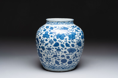 A large Chinese blue and white jar with Buddhist symbols and foliage, Jiajing/Wanli period