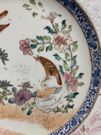 Two Chinese famille rose 'magpies and peonies' plates with bianco-sopra-bianco rims, Yongzheng