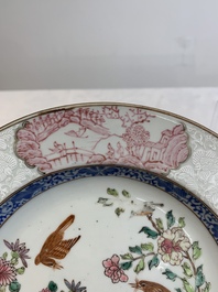 Two Chinese famille rose 'magpies and peonies' plates with bianco-sopra-bianco rims, Yongzheng