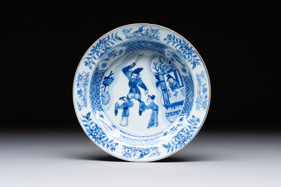 A pair of Chinese blue and white 'dragon' plates and a plate with narrative design, Yuzhen mark, Kangxi/Yongzheng