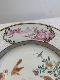 Two Chinese famille rose 'magpies and peonies' plates with bianco-sopra-bianco rims, Yongzheng