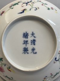 A Chinese famille rose yellow-ground 'butterfly' plate and a saucer with floral design, Guangxu mark, 19/20th C.