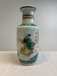 A Chinese famille verte rouleau vase with immortals, 19th C.