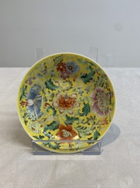 A Chinese famille rose yellow-ground 'butterfly' plate and a saucer with floral design, Guangxu mark, 19/20th C.