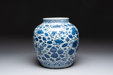 A large Chinese blue and white jar with Buddhist symbols and foliage, Jiajing/Wanli period