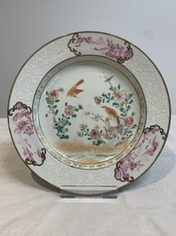 Two Chinese famille rose 'magpies and peonies' plates with bianco-sopra-bianco rims, Yongzheng