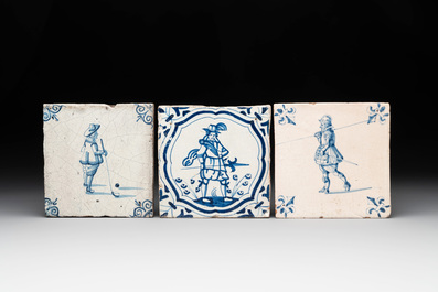 Six blue and white Dutch Delft tiles with large figures, 17th C.