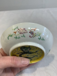 A Chinese famille rose yellow-ground 'butterfly' plate and a saucer with floral design, Guangxu mark, 19/20th C.
