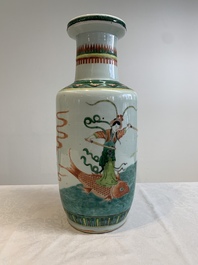 A Chinese famille verte rouleau vase with immortals, 19th C.