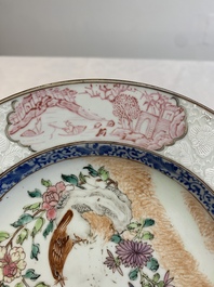 Two Chinese famille rose 'magpies and peonies' plates with bianco-sopra-bianco rims, Yongzheng
