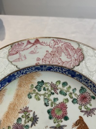 Two Chinese famille rose 'magpies and peonies' plates with bianco-sopra-bianco rims, Yongzheng