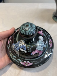 A Chinese famille rose black-ground covered vase and a famille rose Milefo Buddha, Mao Ji Sheng 茂記生造 mark, 19/20th C.