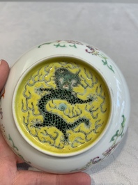A Chinese famille rose yellow-ground 'butterfly' plate and a saucer with floral design, Guangxu mark, 19/20th C.