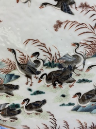 A Chinese famille rose flower-shaped '18 geese' tray, mid-19th C.