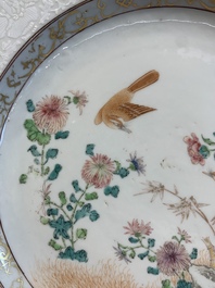 Two Chinese famille rose 'magpies and peonies' plates with bianco-sopra-bianco rims, Yongzheng