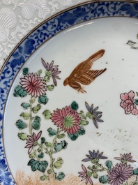 Two Chinese famille rose 'magpies and peonies' plates with bianco-sopra-bianco rims, Yongzheng
