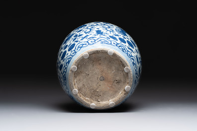 A large Chinese blue and white jar with Buddhist symbols and foliage, Jiajing/Wanli period