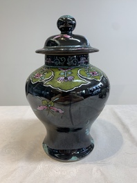 A Chinese famille rose black-ground covered vase and a famille rose Milefo Buddha, Mao Ji Sheng 茂記生造 mark, 19/20th C.