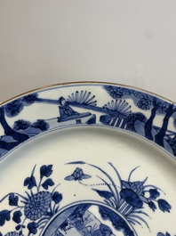 A Chinese blue and white 'heightened medallion' dish and a 'hunting' dish, Chenghua mark, Kangxi/Yongzheng