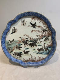 A Chinese famille rose flower-shaped '18 geese' tray, mid-19th C.