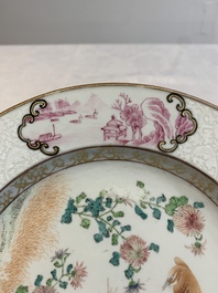 Two Chinese famille rose 'magpies and peonies' plates with bianco-sopra-bianco rims, Yongzheng