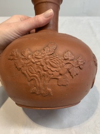 A pair of Yixing-style 'phoenix' bottle vases and covers, possibly England, 18th C.