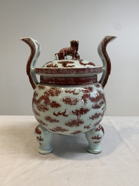 A Chinese copper-red and white 'dragon' censer and cover, 19th C.