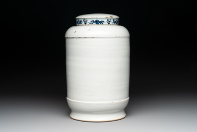 A rare large blue and white Dutch Delft albarello with original cover, 18th C.