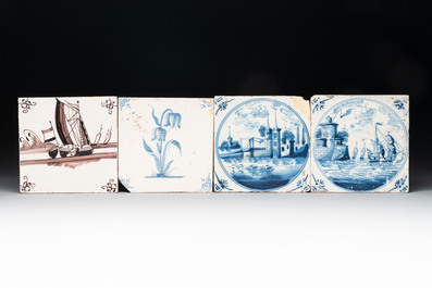 16 blue and white Dutch Delft tiles and one manganese 'ship' tile, 18th C.