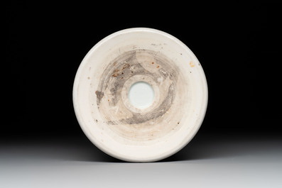 A Chinese famille verte coral-red-ground 'chrysanthemum scroll' brush pot, Kangxi