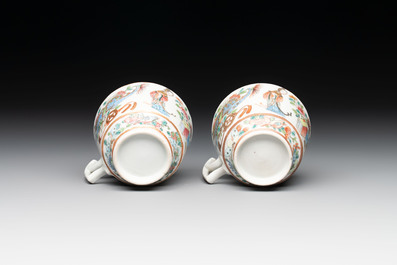 14 Chinese Canton famille rose 'Wu Shuang Pu-style' cups and saucers, 19th C.