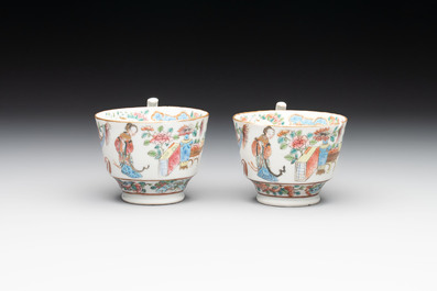 14 Chinese Canton famille rose 'Wu Shuang Pu-style' cups and saucers, 19th C.