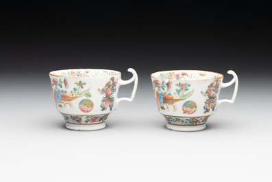 14 Chinese Canton famille rose 'Wu Shuang Pu-style' cups and saucers, 19th C.
