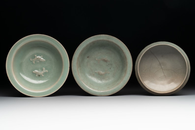 Three Chinese Longquan celadon saucers and an archaistic ge-type vase, Ming/Qing