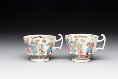 14 Chinese Canton famille rose 'Wu Shuang Pu-style' cups and saucers, 19th C.
