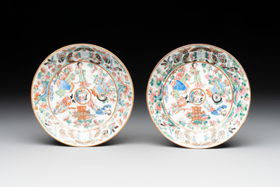 14 Chinese Canton famille rose 'Wu Shuang Pu-style' cups and saucers, 19th C.