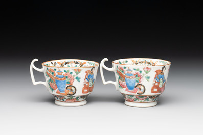 14 Chinese Canton famille rose 'Wu Shuang Pu-style' cups and saucers, 19th C.