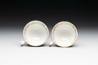 14 Chinese Canton famille rose 'Wu Shuang Pu-style' cups and saucers, 19th C.