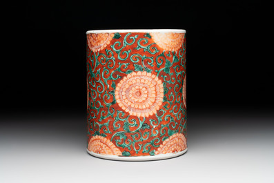 A Chinese famille verte coral-red-ground 'chrysanthemum scroll' brush pot, Kangxi