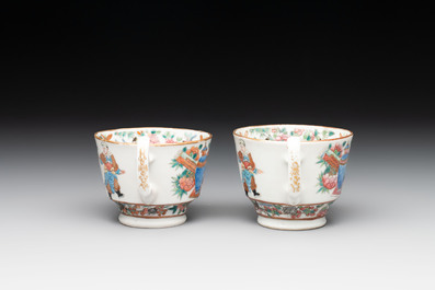 14 Chinese Canton famille rose 'Wu Shuang Pu-style' cups and saucers, 19th C.