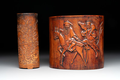 Two Chinese carved bamboo brush pots and an ink stone with wooden cover and stand, signed He Xuanting 何選廷 and Dian Liangbi 典良弼, 19th C.